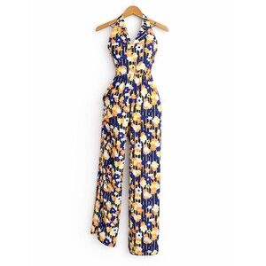 ModCloth Genuine Genius Navy Blue Orange Bold Retro Floral Print Halter Jumpsuit